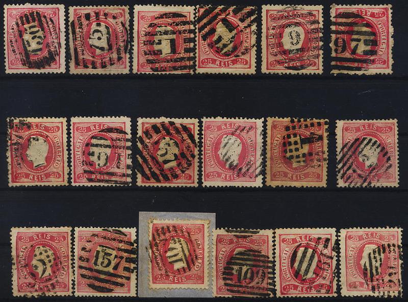 0124.jpg -     Lote:    124            Colecção Invicta       Descrição:         1867/70 &mdash; D. Luís I. Fita curva. Denteados. CE30, 25 reis carmim. Lote de 18 selos usados. Variedades de cunhos e marcofilia interessante. Lote a ver. Valor de catálogo &euro; 244,80.        Lote       Valor Base:     &euro; 25,00     Valor Venda:     &euro; 25,00     