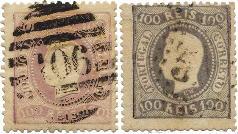 0127.jpg -     Lote:    127            Colecção Invicta       Descrição:         1867/70 &mdash; D. Luís I. Fita curva. Denteados. CE33, 100 reis. Lote de dois selos: um em lilás malva, tipo II e outro em lilás claro, tipo I. Valor de catálogo &euro; 368,00.        O       Valor Base:     &euro; 55,00     Valor Venda:     Retirado     