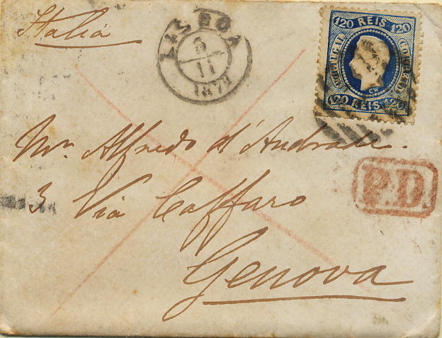 0128.jpg -     Lote:    128            Colecção Invicta       Descrição:         1867/70 &mdash; D. Luís I. Fita curva. Denteados. CE34, 120 reis azul sobre sobrescrito circulado de Lisboa (05.11.1872) para Génova (11.11.72) com trânsito por Torino /10.11.72). B.         Carta       Valor Base:     &euro; 80,00     Valor Venda:     Retirado     