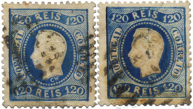 0129.jpg -     Lote:    129            Colecção Invicta       Descrição:         1867/70 &mdash; D. Luís I. Fita curva. Denteados. CE34, 120 reis azul. Lote de dois selos usados com tonalidades de cor. Valor de catálogo &euro; 238,00.        O       Valor Base:     &euro; 35,00     Valor Venda:     &euro; 36,00     