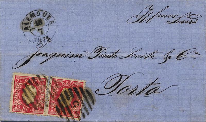 0133.jpg -     Lote:    133            Colecção Invicta       Descrição:         1870/76 &mdash; D. Luís I, fita curva. CE40, 25 reis carmim, denteado 12 &frac12;. Sobrescrito com dois selos, circulado de Alenquer (15.07.71) para o Porto. Carimbo datado batido a preto ALEMQUER. Selos obliterados com carimbos da 2.ª reforma n.º 5. MB.        Carta       Valor Base:     &euro; 15,00     Valor Venda:     &euro; 130,00     