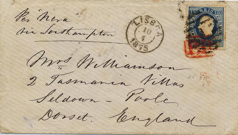0136.jpg -     Lote:    136            Colecção Invicta       Descrição:         1870/76 &mdash; D. Luís I, fita direita. Sobrescrito circulado de Lisboa (10.04.1875) para Poole + Inglaterra (15.04.1875) com selo de 120 reis azul, denteado 12 &frac12;, papel liso, CE45. MB.        Carta       Valor Base:     &euro; 50,00     Valor Venda:     Retirado     