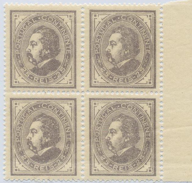 0138.jpg -     Lote:    138            Colecção Invicta       Descrição:         1880/81 &mdash; D. Luís I, de perfil. CE54, 25 reis cinzento lilás, denteado 13 &frac12;, papel liso. Quadra com goma original sem charneira, canto de folha. MB. Valor de catálogo &euro; 258,00.        ***       Valor Base:     &euro; 50,00     Valor Venda:     Retirado     