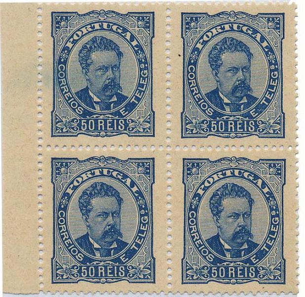 0140.jpg -     Lote:    140            Colecção Invicta       Descrição:         1882/83 &mdash; D. Luís I de frente. CE58, 50 reis azul, papel liso, denteado 13 &frac12;. Quadra bordo de folha. MB e MR. Valor de catálogo &euro; 536,00.        ***       Valor Base:     &euro; 125,00     Valor Venda:     &euro; 260,00     