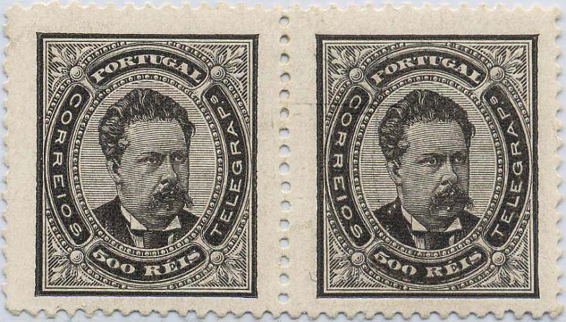 0141.jpg -     Lote:    141            Colecção Invicta       Descrição:         1884/87 &mdash; D. Luís I, de frente. Novos valores. CE64, 500 reis preto, denteado 12 &frac12;. Par horizontal, com goma original e sinal de charneira. MB e MR em múltiplos. Valor de catálogo &euro; 1.648,00.        **       Valor Base:     &euro; 350,00     Valor Venda:     &euro; 500,00     