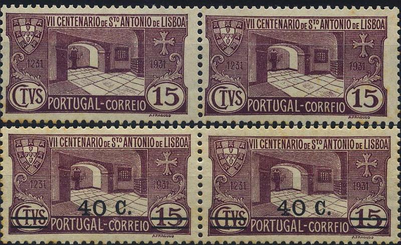 0145.jpg -     Lote:    145            Colecção Invicta       Descrição:         1931/33 &mdash; 7.º Centenário da Morte de S. António + 7.º Centenário da Morte de S. António com sobretaxa. CE531, 15C lilás vermelho e CE555, 40 s/ 15C. Lote de dois pares de selos com um selo normal e outro com o erro CORREFIO. Valor de catálogo &euro; 84,75.         ***       Valor Base:     &euro; 16,00     Valor Venda:     &euro; 30,00     