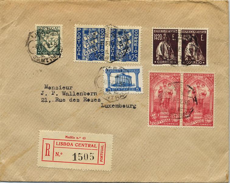 0146.jpg -     Lote:    146            Colecção Invicta       Descrição:         1930/36 &mdash; Ceres + Lusíadas + Templo de Diana + Tudo pela Nação + 7.º Centenário da Morte de S. António. Sobrescrito circulado registado de Lisboa (06.02.36) para o Luxemburgo (09.02.36) com selos de 30C CE544, 2x$75 CE534, 2x1$20 CE509, 5C CE566 e 2x$25 CE570.        Carta       Valor Base:     &euro; 10,00     Valor Venda:     &euro; 14,00     