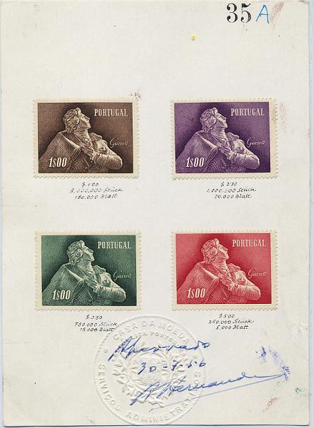 0147.jpg -     Lote:    147            Colecção Invicta       Descrição:         1957 &mdash; Almeida Garrett. CE827/830. Folha com 4 selos de 1$00, nas cores aprovadas para a emissão, com indicação de todas as tiragens e aprovação com a assinatura e selo branco da Casa da Moeda. MB e MR.        PRV       Valor Base:     &euro; 150,00     Valor Venda:     &euro; 220,00     