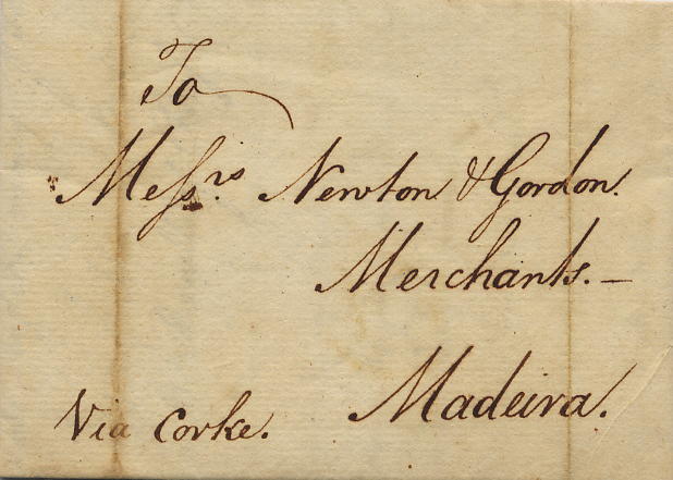 0153.jpg -     Lote:    153            Colecção Invicta       Descrição:         Correio marítimo. Carta remetida em mão de Belfast (20.03.1775) para a Madeira (17.05.1775).        Carta       Valor Base:     &euro; 20,00     Valor Venda:     Retirado     