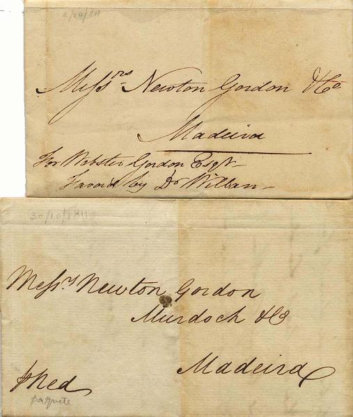 0154.jpg -     Lote:    154            Colecção Invicta       Descrição:         Correio marítimo. Lote composto por duas cartas: uma remetida em mão de Londres (30.10.1811) para a Madeira (03.12.1811) e outra de Wondsworth (02.08.1811) para a Madeira (02.12.1811).        Carta       Valor Base:     &euro; 20,00     Valor Venda:     Retirado     
