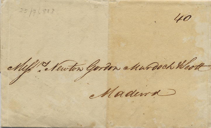 0155.jpg -     Lote:    155            Colecção Invicta       Descrição:         Correio marítimo. Carta remetida de Londres (25.07.1828) para a Madeira (20.08.1828), porteada à chegada com 40 reis. Porte manuscrito a sépia.        Carta       Valor Base:     &euro; 25,00     Valor Venda:     Retirado     