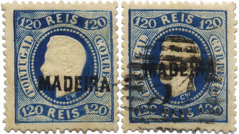 0162.jpg -     Lote:    162            Colecção Invicta       Descrição:         1871/76 &mdash; D. Luís I, fita curva, denteado. CE12, 120 reis azul. Lote de dois selos: um em estado novo, com a goma irregular e outro usado, obliterado com carimbo da 1.ª reforma 51 &mdash; PONTA DELGADA. Valor de catálogo 342,00.        */O       Valor Base:     &euro; 50,00     Valor Venda:     Retirado     
