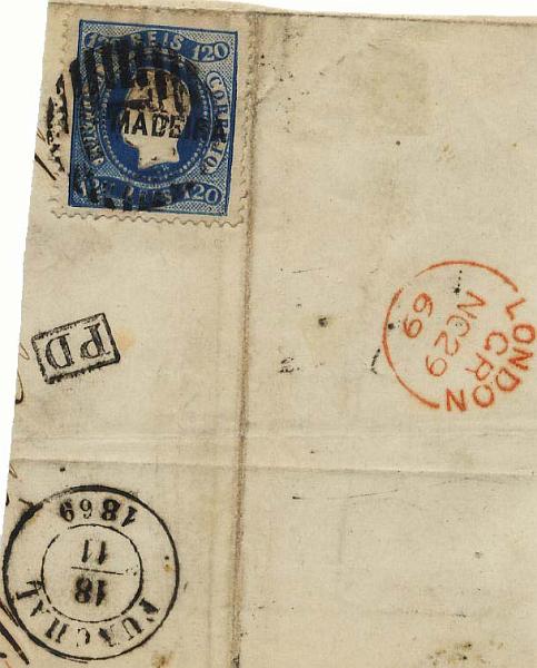 0163.jpg -     Lote:    163            Colecção Invicta       Descrição:         1868/1870 &mdash; D. Luís I, fita curva, denteados. CE12, 120 reis azul, em grande fragmento de carta circulada do Funchal (18.11.69) para Londres (29.11.69). MB.        FRG       Valor Base:     &euro; 30,00     Valor Venda:     Retirado     