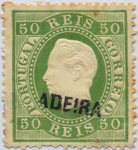 0165.jpg -     Lote:    165            Colecção Invicta       Descrição:         1871/1876 &mdash; D. Luís I, fita direita. CE18, 50 reis verde, denteado 13 &frac12;. Sobrecarga C. Selo com impressão parcial da sobrecarga MADEIRA.        **       Valor Base:     &euro; 30,00     Valor Venda:     Retirado     