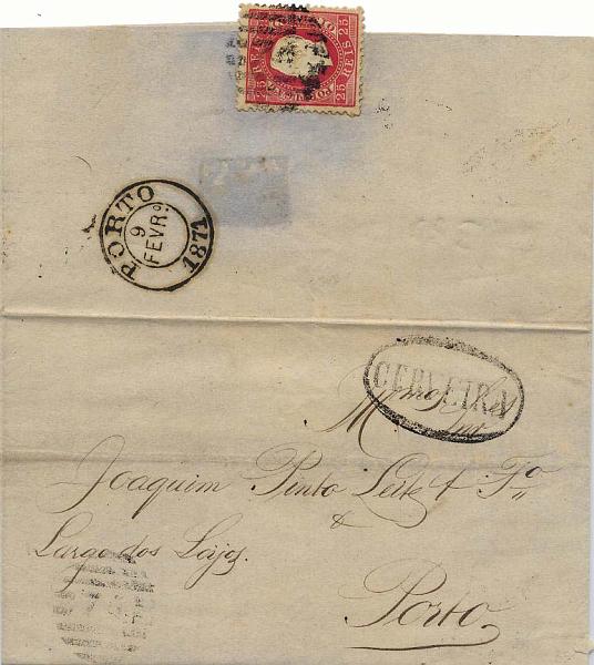 0176.jpg -     Lote:    176            Colecção Invicta       Descrição:         Carimbos nominativos. 1870/76 &mdash; D. Luís I, fita curva. CE40, 25 reis carmim, denteado 12 &frac12;, apel liso, circulado de Cerveira para o Porto (09.02.1871). Carimbo batido a preto de CERVEIRA.        Carta       Valor Base:     &euro; 10,00     Valor Venda:     &euro; 24,00     