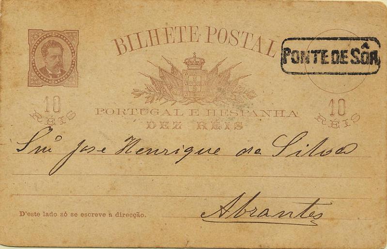 0182.jpg -     Lote:    182            Colecção Invicta       Descrição:         Carimbos nominativos. 1884/87 &mdash; D. Luís, de frente. OM9, 10 reis castanho vermelho, circulado de Ponte de Sôr para Abrantes. Marca nominativa "PONTE DE SÔR", com cercadura a preto. MB.        IC       Valor Base:     &euro; 20,00     Valor Venda:     &euro; 20,00     
