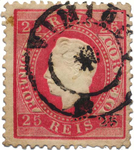 0186.jpg -     Lote:    186            Colecção Invicta       Descrição:         Carimbos nominativos. 1970/76 &mdash; D. Luís I, fita direita. CE40, 25 reis carmim, denteado 12 &frac12;, papel liso, obliterado com carimbo nominativo de duplo círculo, batido a preto de VIMIOSO. MB e MR.        O       Valor Base:     &euro; 30,00     Valor Venda:     &euro; 100,00     