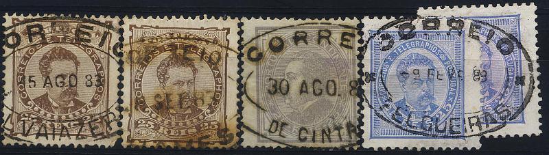 0193.jpg -     Lote:    193            Colecção Invicta       Descrição:         Carimbos de dupla oval. Lote de 4 selos, emissões de D. Luís I de frente e D. Luís de perfil (CE54, 57(2) e 63, obliterados com carimbos de dupla oval batidos a preto e sépia de "ALVAIAZERE", "CHAVES", "CINTRA" e "FELGUEIRAS".        Lote       Valor Base:     &euro; 10,00     Valor Venda:     &euro; 18,00     