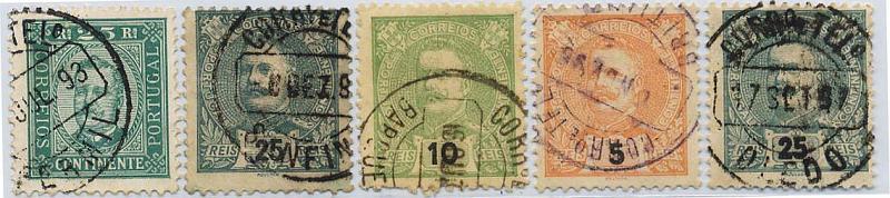 0201.jpg -     Lote:    201            Colecção Invicta       Descrição:         Carimbos circulares datados. 1895/96 &mdash; D. Carlos I Diogo Neto + D. Carlos I Mouchon. Lote de 5 selos obliterados com carimbos batidos a preto: "BOUGADO" e "FERMIL", SANFINS", BARQUEIROS", BRITIANDE" e "OLEDO"        Lote       Valor Base:     &euro; 20,00     Valor Venda:     &euro; 26,00     