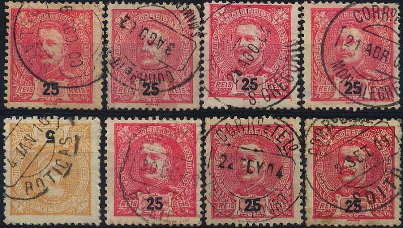 0204.jpg -     Lote:    204            Colecção Invicta       Descrição:         Carimbos circulares datados. 1895/96 &mdash; D. Carlos I Mouchon. Lote de 8 selos obliterados com carimbos batidos a preto: "DELÃES", "S. MAMEDE DE INFESTA", "S. GREGORIO", "MONTALEGRE", "BOTICAS" (2), "COVAS DO DOURO" e "SOITO".        Lote       Valor Base:     &euro; 20,00     Valor Venda:     &euro; 85,00     
