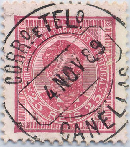 0208.jpg -     Lote:    208            Colecção Invicta       Descrição:         Carimbos circulares datados. 1884/87 &mdash; D. Luís I. De frente. Novos valores. CE63, 25 reis lilás rosa, denteado 11 &frac12;, papel porcelana, obliterado com carimbo batido a preto "CANELLAS". Raridade 8.        O       Valor Base:     &euro; 15,00     Valor Venda:     &euro; 18,00     