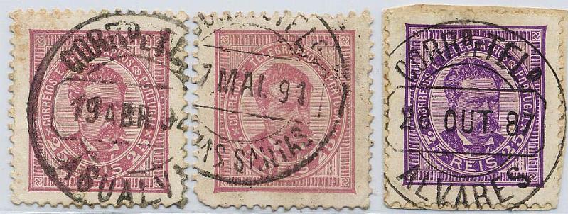 0209.jpg -     Lote:    209            Colecção Invicta       Descrição:         Carimbos circulares datados. 1884/87 &mdash; D. Luís I. De frente. Novos valores. CE63, 25 reis lilás rosa e violeta azul, denteado 11 &frac12;, papel porcelana. Lote de 3 selos obliterados com carimbos batidos a preto de "AGUALVA", "ÁGUAS SANTAS" e "ALVARES".        Lote       Valor Base:     &euro; 15,00     Valor Venda:     &euro; 36,00     