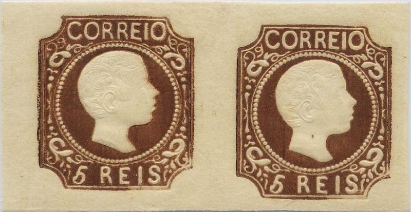 0216.jpg -     Lote:    216            Colecção Invicta       Descrição:         1856/58 &mdash; D. Pedro V, cabelos anelados. Reimpressões de 1863. CE10, 5 reis castanho. Par horizontal. MB e MR. Valor de catálogo &euro; 352,00.        R**       Valor Base:     &euro; 50,00     Valor Venda:     Retirado     