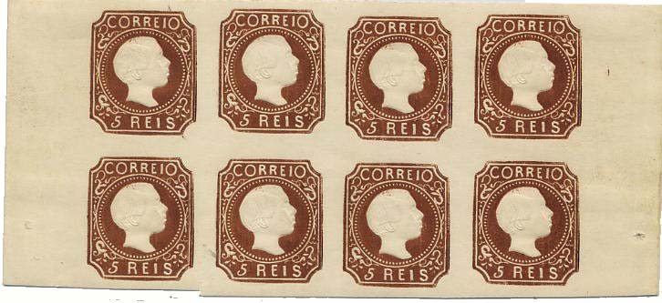 0221.jpg -     Lote:    221            Colecção Invicta       Descrição:         1855/1856 &mdash; D. Pedro V. Cabelos lisos. Reimpressões de 1885. CE5, 5 reis castanho. Bloco de 8 reimpressões. MB e R. Valor de catálogo &euro; 880,00.         R***       Valor Base:     &euro; 120,00     Valor Venda:     Retirado     