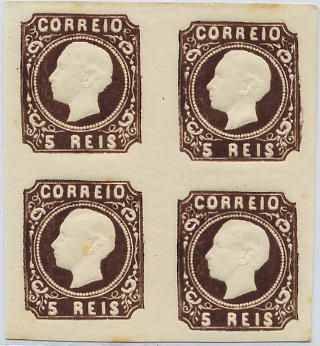 0226.jpg -     Lote:    226            Colecção Invicta       Descrição:         1862/64 &mdash; D. Luís I. Reimpressões de 1885. CE14, 5 reis castanho. Quadra. Valor de catálogo &euro; 440,00.        ***/**       Valor Base:     &euro; 70,00     Valor Venda:     Retirado     