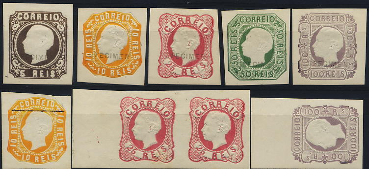 0227.jpg -     Lote:    227            Colecção Invicta       Descrição:         1862/64 &mdash; D. Luís I. Reimpressões de 1885. Lote de 9 reimpressões: 5 reis, 10 reis e 25 reis com sobrecarga horizontal a preto SPECIMEN, + 50 e 100 reis + 10 reis com traço fino de 18 mm + par horizontal bordo de folha de 25 reis + 100 reis bordo superior de folha. Valor de catálogo 990,00.        R*       Valor Base:     &euro; 150,00     Valor Venda:     &euro; 260,00     