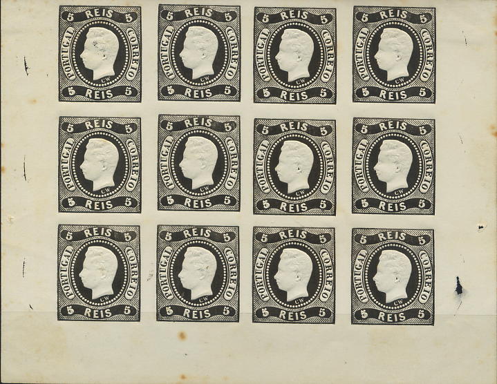0228.jpg -     Lote:    228            Colecção Invicta       Descrição:         1866/67 &mdash; D. Luís I, fita direita. Não denteados. Reimpressões de 1885. CE19, 5 reis preto. Bloco de 12 reimpressões, fundo de folha. MB e MR. Valor de catálogo &euro; 732,00.        R*       Valor Base:     &euro; 110,00     Valor Venda:     Retirado     