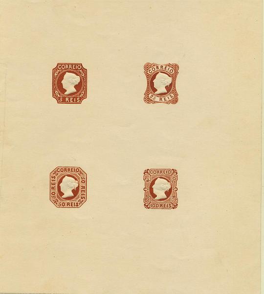 0229.jpg -     Lote:    229            Colecção Invicta       Descrição:         1853 &mdash; D. Maria II. Reimpressões de 1953. Folha impressa com os quatro valores em castanho claro. No verso impressão das datas a preto "1853 / 1953". MB e MR.        PRV       Valor Base:     &euro; 150,00     Valor Venda:     &euro; 150,00     