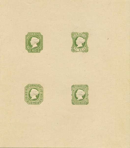 0231.jpg -     Lote:    231            Colecção Invicta       Descrição:         1853 &mdash; D. Maria II. Reimpressões de 1953. Folha impressa com os quatro valores em verde amarelo. No verso impressão das datas a preto "1853 / 1953". MB e MR.        PRV       Valor Base:     &euro; 150,00     Valor Venda:     &euro; 150,00     