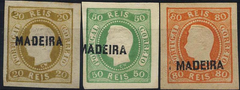 0232.jpg -     Lote:    232            Colecção Invicta       Descrição:         1886/67 &mdash; D. Luís I. Fita curva. Não denteados. Reimpressões de 1885. Lote de 3 reimpressões das taxas de 20 reis, 50 reis (com sobrecarga deslocada) e 80 reis. Valor de catálogo &euro; 135,00.        R*       Valor Base:     &euro; 20,00     Valor Venda:     Retirado     