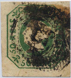 0236.jpg -     Lote:    236            Colecção Clássica - 2.ª parte       Descrição:         1853 &mdash; D. Maria II. CE3, 50 reis verde amarelo, com margens largas. Alguma oleosidade no bordo direito. Muito ligeira transparência no bordo superior. Valor de catálogo &euro; 1.700,00.        O       Valor Base:     &euro; 60,00     Valor Venda:     &euro; 75,00     