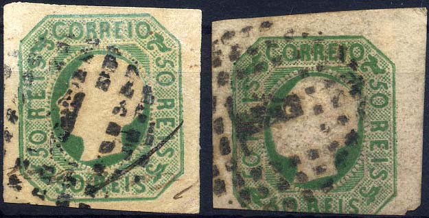 0241.jpg -     Lote:    241            Colecção Clássica - 2.ª parte       Descrição:         1862/1864 &mdash; D. Luís. CE17, 50 reis verde azul. Lote de dois selos. Valor de catálogo &euro; 346,00        O       Valor Base:     &euro; 20,00     Valor Venda:     &euro; 22,00     