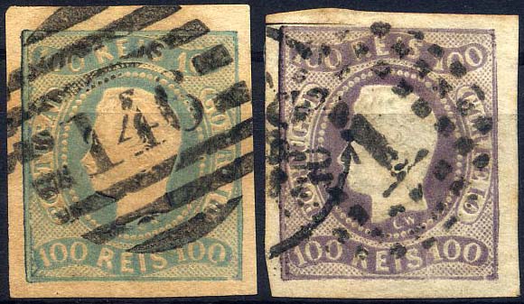 0243.jpg -     Lote:    243            Colecção Clássica - 2.ª parte       Descrição:         1866/1867 &mdash; D. Luís I. Fita curva não denteados. CE25. Lote de dois selos, um deles com a cor adulterada obliterado com carimbo numérico da 2.ª reforma 146 de S. Pedro do Sul.        O       Valor Base:     &euro; 15,00     Valor Venda:     Retirado     