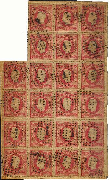 0249.jpg -     Lote:    249            Colecção Clássica - 2.ª parte       Descrição:         1867/1870 &mdash; D. Luís I. Fita curva, denteados. CE30, 25 reis carmim rosa. Bloco vertical de 22 selos, obliterados com carimbo de pontos "1 &mdash; LISBOA". B.        O       Valor Base:     &euro; 75,00     Valor Venda:     Retirado     