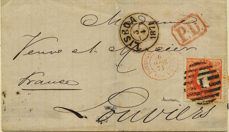 0251.jpg -     Lote:    251            Colecção Clássica - 2.ª parte       Descrição:         1867/1870 &mdash; D. Luís I. Fita curva, denteados. Carta circulada de Lisboa (03.04.1871) para França (08.04.1871) com selo de 80 reis laranja vermelho. MB.        Carta       Valor Base:     &euro; 50,00     Valor Venda:     Retirado     