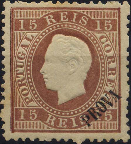 0253.jpg -     Lote:    253            Colecção Clássica - 2.ª parte       Descrição:         1870/1876 &mdash; D. Luís I, fita direita. CE38, 15 reis castanho, papel liso, denteado 12 &frac12;. Selo original com sobrecarga oblíqua "PROVA" tipo grande. Ligeira mancha de óxido no verso. MB e MR.        ***       Valor Base:     &euro; 30,00     Valor Venda:     &euro; 32,00     