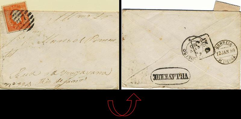0258.jpg -     Lote:    258            Colecção Clássica - 2.ª parte       Descrição:         1870/1876 &mdash; D. Luís I, fita direita. Sobrescrito circulado de Vilaverde para o Rio de Janeiro (05.02.1880), com trânsito por Lisboa (12.01.1880) com selo de 80 reis laranja, papel liso, denteado 13 &frac12;, CE42. Selo inicialmente dobrado para o verso, porém descolado. Carimbo numérico da 2.ª reforma 77  e carimbo nominativo, ambos batidos a preto de VILLAVERDE. MB e R.        Carta       Valor Base:     &euro; 30,00     Valor Venda:     &euro; 42,00     