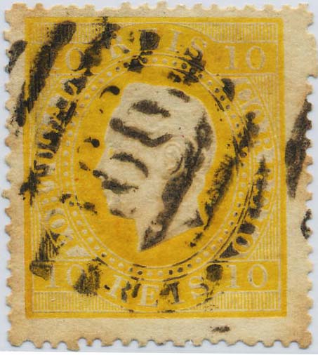 0261.jpg -     Lote:    261            Colecção Clássica - 2.ª parte       Descrição:         1870/1876 &mdash; D. Luís I, fita direita. CE37, 10 reis amarelo, papel liso, denteado 14, obliterado com carimbo numérico da 2.ª reforma 166 &mdash; CASTELO BRANCO. Valor de catálogo &euro; 518.00. MB        O       Valor Base:     &euro; 75,00     Valor Venda:     Retirado     