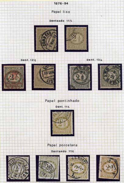 0264.jpg -     Lote:    264            Colecção Clássica - 2.ª parte       Descrição:         1876 &mdash; Jornaes. CE48. Folha de álbum com estudo de papeis, denteados e tonalidades de cor. Valor de catálogo 196,60. Lote a ver.        Lote       Valor Base:     &euro; 20,00     Valor Venda:     &euro; 20,00     
