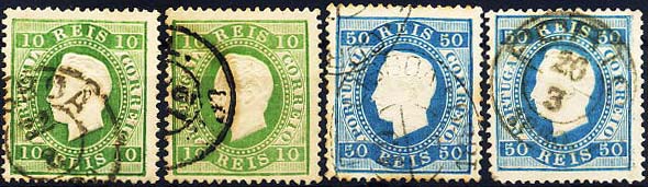 0265.jpg -     Lote:    265            Colecção Clássica - 2.ª parte       Descrição:         1879/1880 &mdash; D. Luís I. Fita direita. Novas cores. CE49/50. Lote composto por dois selos de 10 reis verde + 2 selos de 50 reis azul. Todos em papel liso e denteado 13 &frac12;. Valor de catálogo &euro; 276,00. MB        Lote       Valor Base:     &euro; 20,00     Valor Venda:     &euro; 22,00     