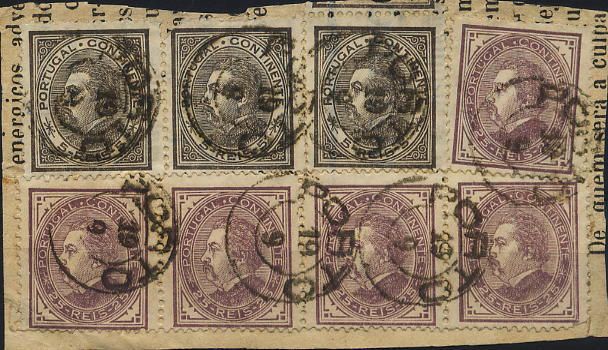 0266.jpg -     Lote:    266            Colecção Clássica - 2.ª parte       Descrição:         1880/1881 &mdash; D. Luís I. De perfil. Fragmento de jornal datado do Porto (19.09.?? &mdash; carimbo com o ano limado), com tira de 3 selos de 5 reis preto CE52 + tira de 4 selos de 25 reis lilás vermelho + selo isolado de 25 reis na mesma tonalidade. Todos em papel liso, denteado 12 &frac12;. MB e MR.        FRG       Valor Base:     &euro; 25,00     Valor Venda:     Retirado     