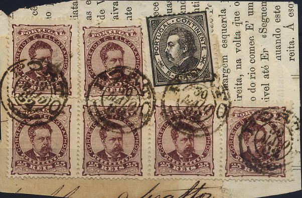 0267.jpg -     Lote:    267            Colecção Clássica - 2.ª parte       Descrição:         1880/1881 &mdash; D. Luís I. De perfil + frente. Fragmento de jornal datado do Porto (30.05.82), com um selo de 5 reis preto CE52 + tira de 4 selos de 25 reis lilás vermelho + 2 selos isolado de 25 reis na mesma tonalidade CE57. Todos em papel liso, denteado 12 &frac12;. MB e MR.        FRG       Valor Base:     &euro; 25,00     Valor Venda:     &euro; 25,00     