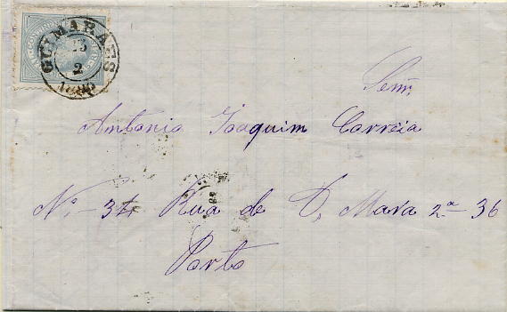 0269.jpg -     Lote:    269            Colecção Clássica - 2.ª parte       Descrição:         1880/1881 &mdash; D. Luís I de perfil. Carta circulada de Guimarães (23.02.1880) para o Porto (24.02.1880) com selo de 25 reis azul cinzento, denteado 12 &frac12;, papel liso.        Carta       Valor Base:     &euro; 20,00     Valor Venda:     &euro; 20,00     