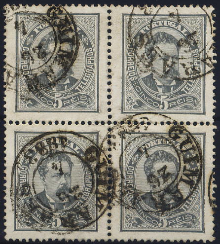 0273.jpg -     Lote:    273            Colecção Clássica - 2.ª parte       Descrição:         1882/1883 &mdash; D. Luís I de frente. CE56, 5 reis cinzento, papel porcelana, denteado 13 &frac12;. Quadra obliterada com carimbo de Guimarães. Valor de catálogo &euro; 102,60.        O       Valor Base:     &euro; 15,00     Valor Venda:     &euro; 18,00     