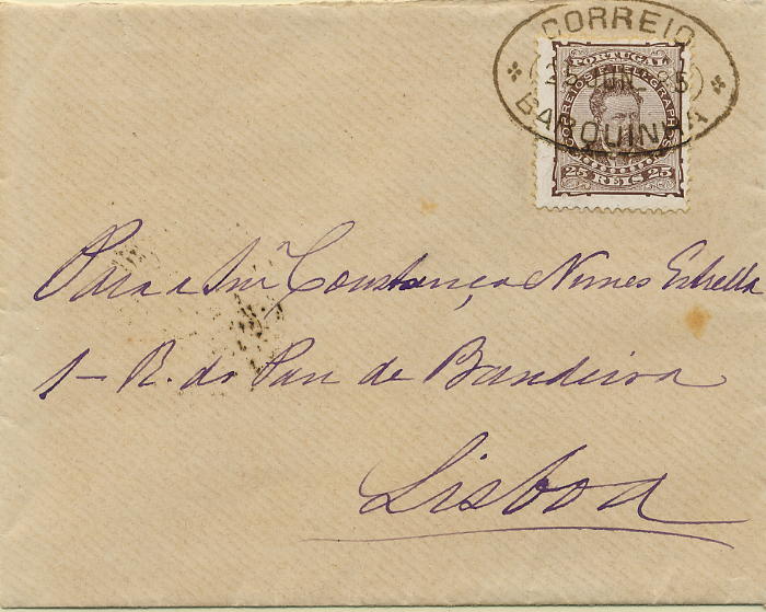 0275.jpg -     Lote:    275            Colecção Clássica - 2.ª parte       Descrição:         1882/1883 &mdash; D. Luís I de frente. Sobrescrito circulado da Barquinha (25.06.85) para Lisboa (26.06.85) com selo de 25 reis castanho, denteado 12 &frac12;, papel porcelana CE57. Carimbo de dupla oval batido a preto "CORREIO / BARQUINHA". MB e R.        Carta       Valor Base:     &euro; 50,00     Valor Venda:     &euro; 100,00     