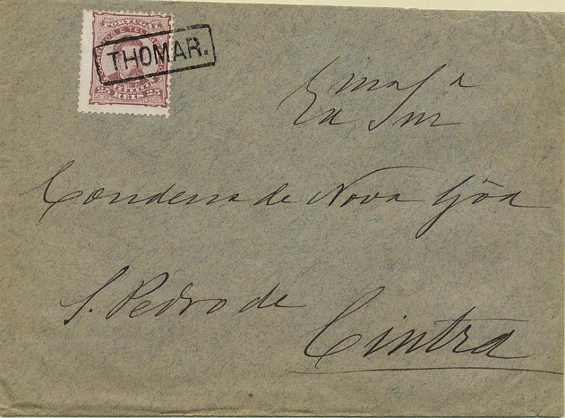 0279.jpg -     Lote:    279            Colecção Clássica - 2.ª parte       Descrição:         1882/1883 &mdash; D. Luís I de frente. Sobrescrito circulado de Tomar para Cintra (17.03.83) com selo de 25 reis castanho vermelho, denteado 12 &frac12;, papel liso CE57. Carimbo nominativo de THOMAR., batido a preto (Gordon 404).        Carta       Valor Base:     &euro; 12,00     Valor Venda:     &euro; 44,00     